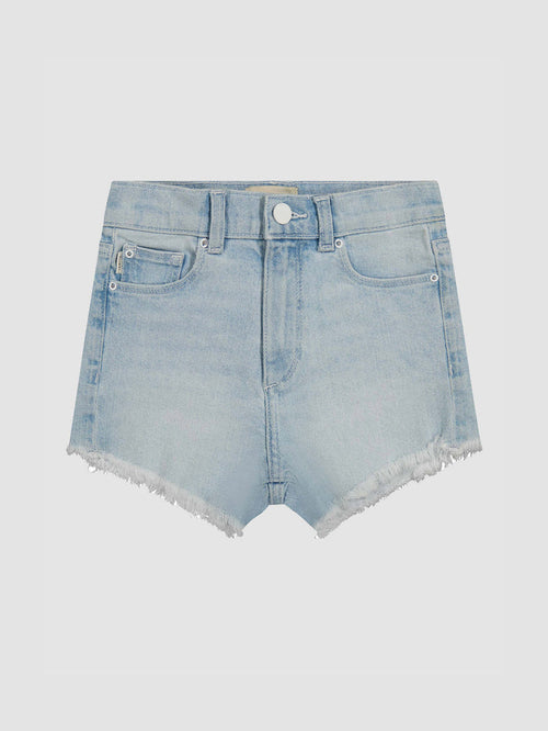 DL1961 girls' Lucy Shorts High Rise cutoff denim shorts in pale light-wash 'Poolside Frayed', flat front view.