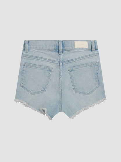 DL1961 girls' Lucy Shorts High Rise cutoff denim shorts in pale light-wash 'Poolside Frayed', flat back view.