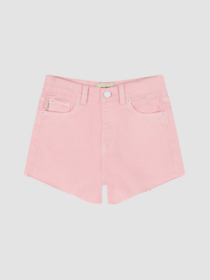 DL1961 girls' Lucy High Rise cutoff denim shorts in soft light pink 'Shell Pink', flat front view.