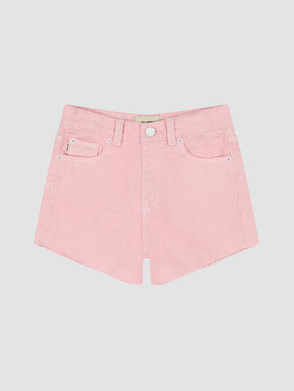 DL1961 girls' Lucy High Rise cutoff denim shorts in soft light pink 'Shell Pink', flat front view.