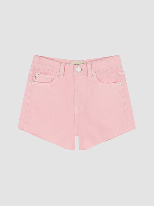 DL1961 girls' Lucy High Rise cutoff denim shorts in soft light pink 'Shell Pink', flat front view.