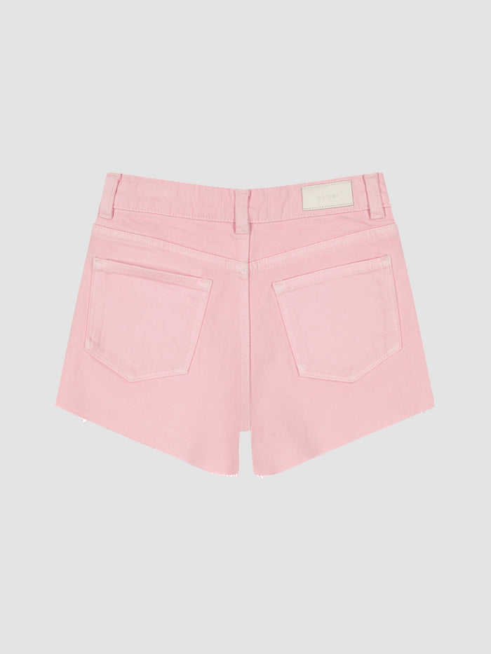 DL1961 girls' Lucy High Rise cutoff denim shorts in soft light pink 'Shell Pink', flat back view.