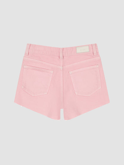DL1961 girls' Lucy High Rise cutoff denim shorts in soft light pink 'Shell Pink', flat back view.
