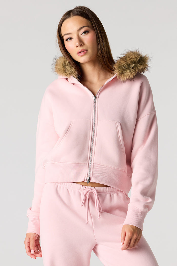 Luxe Fleece Fur Trim Boyfriend Zip Hoodie
