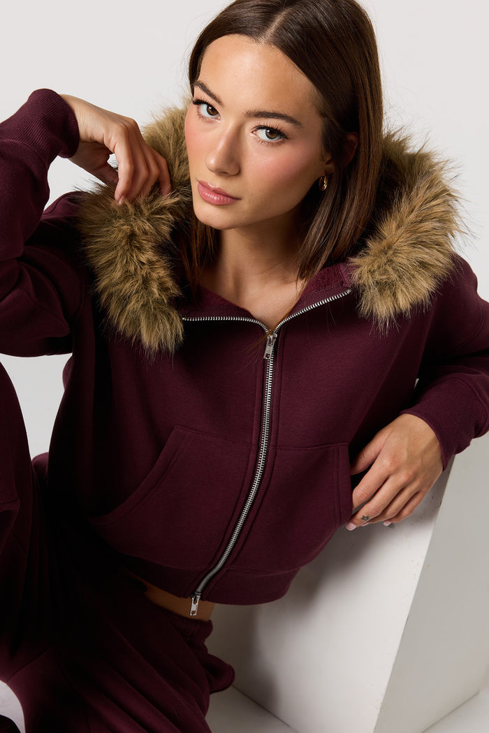 Luxe Fleece Fur Trim Boyfriend Zip Hoodie