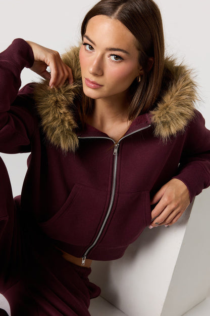 Luxe Fleece Fur Trim Boyfriend Zip Hoodie