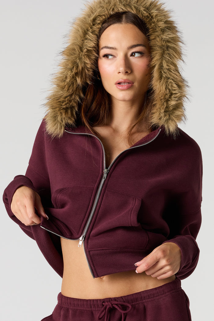 Luxe Fleece Fur Trim Boyfriend Zip Hoodie