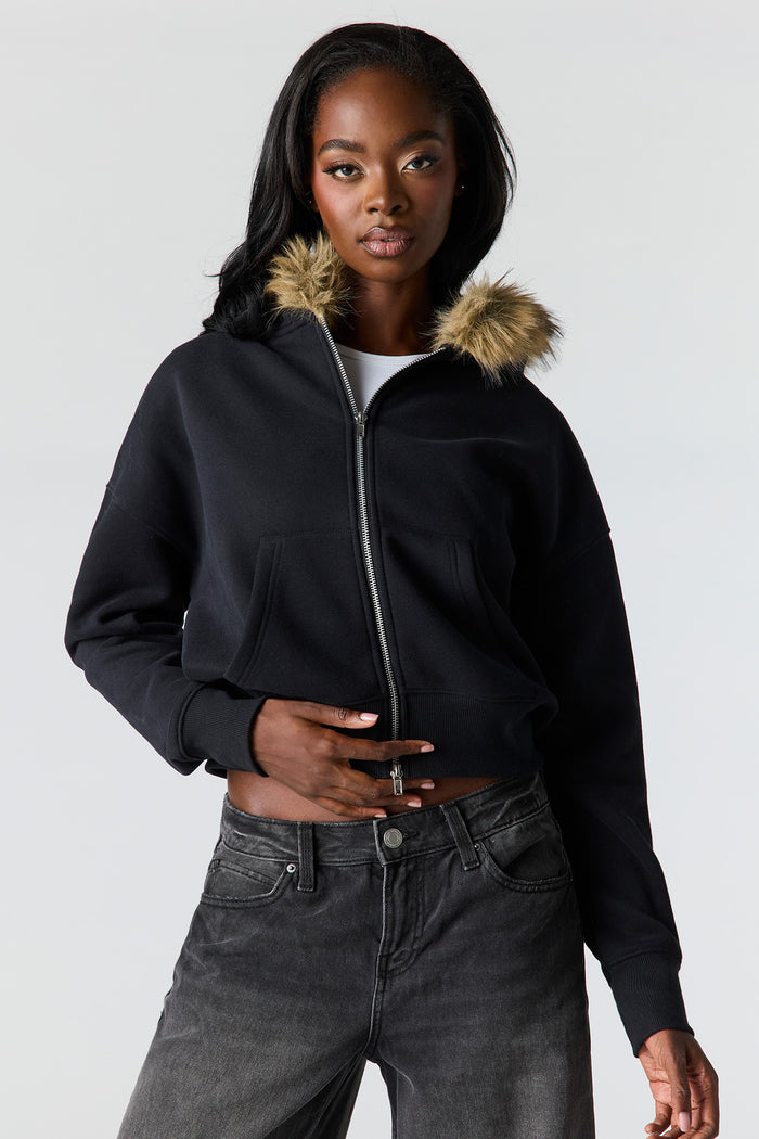 Luxe Fleece Fur Trim Boyfriend Zip Hoodie