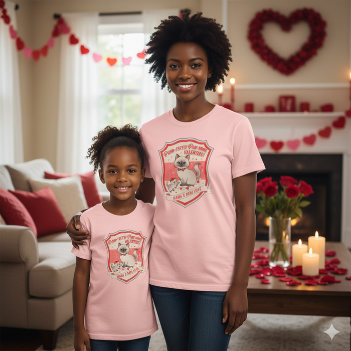Mother and daughter in matching pink vintage cat Valentine T-shirts in cozy, heart-decorated living room