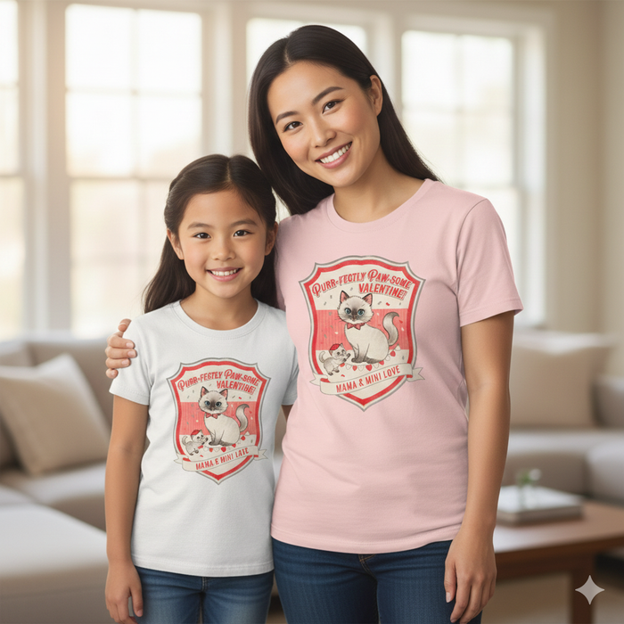 Smiling mother and daughter wearing matching cat-themed Valentine T-shirts with text Mama & Mini Love in cozy living room