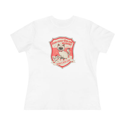 White t-shirt with vintage design of a cat and kitten inside a red shield reading 'Purr-fectly Paw-some Valentine! Mama & mini love'