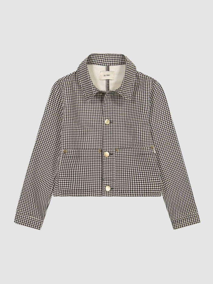 DL1961 girls' Manning jacket in black and white houndstooth 'Sweet Tooth', flat front view.