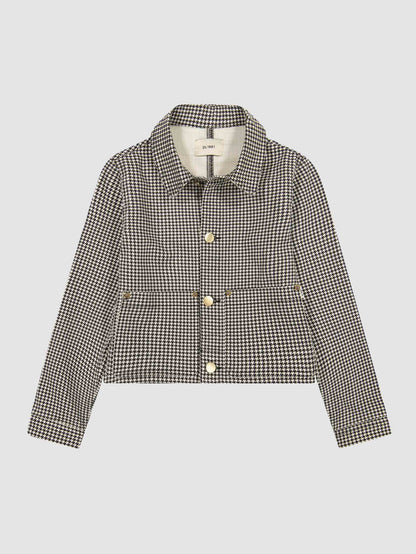 DL1961 girls' Manning jacket in black and white houndstooth 'Sweet Tooth', flat front view.