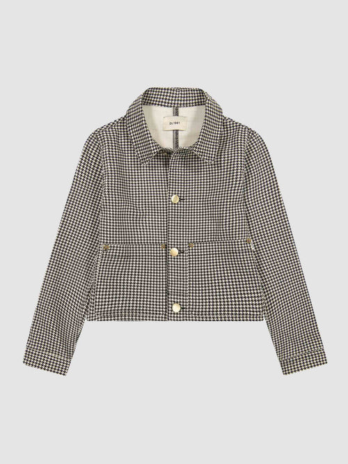 DL1961 girls' Manning jacket in black and white houndstooth 'Sweet Tooth', flat front view.