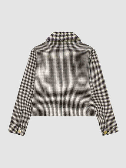 DL1961 girls' Manning jacket in black and white houndstooth 'Sweet Tooth', flat back view.