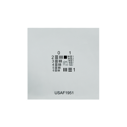 Manufacturing Precision ±0.5μm Glass Resolution Test Target (USAF1951 Style, 2x2″, Positive), SKU CT20060101, three quarter front view
