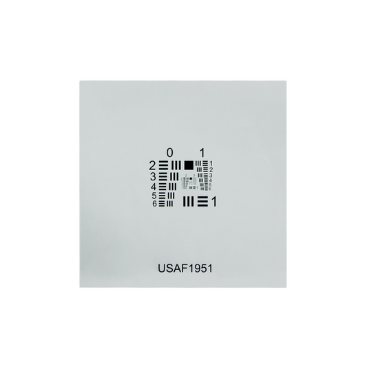 Manufacturing Precision ±0.5μm Glass Resolution Test Target (USAF1951 Style, 2x2″, Positive), SKU CT20060101, three quarter front view