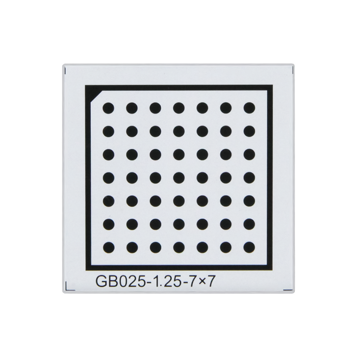 Manufacturing Precision ±10μm Acrylic Dot Calibration Target compatible with Halcon (25x25mm 7x7), SKU CT20010501, three quarter front view