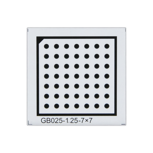 Manufacturing Precision ±10μm Acrylic Dot Calibration Target compatible with Halcon (25x25mm 7x7), SKU CT20010501, three quarter front view