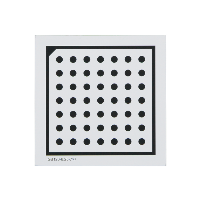 Manufacturing Precision ±10μm Glass Dot Calibration Target compatible with Halcon (120x120mm 7x7), SKU CT20010101, three quarter front view