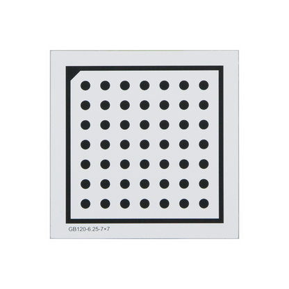 Manufacturing Precision ±10μm Glass Dot Calibration Target compatible with Halcon (120x120mm 7x7), SKU CT20010101, three quarter front view