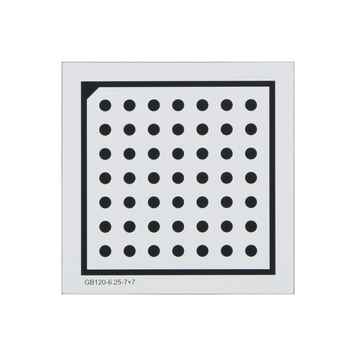Manufacturing Precision ±10μm Glass Dot Calibration Target compatible with Halcon (120x120mm 7x7), SKU CT20010101, three quarter front view