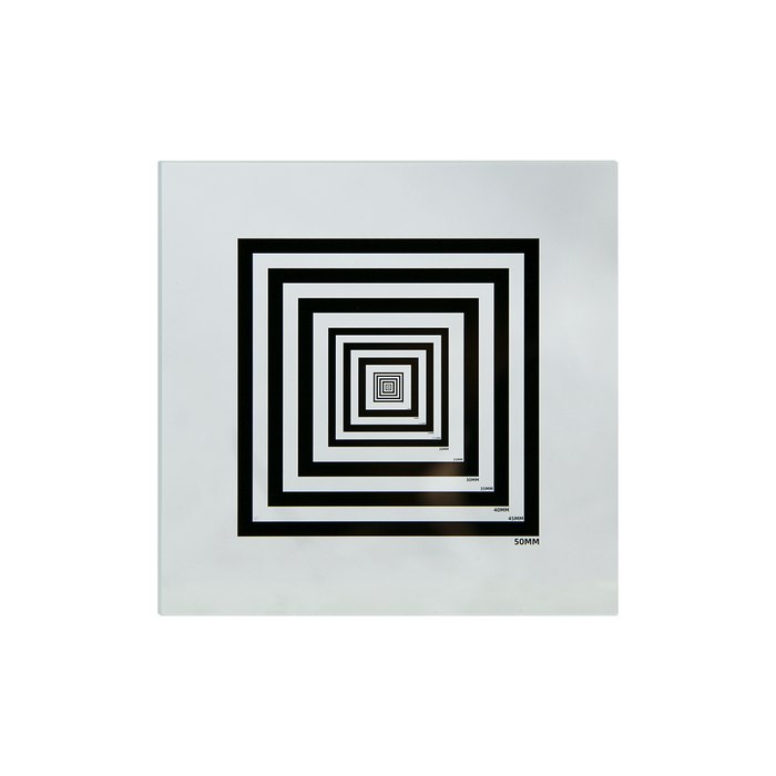 Manufacturing Precision ±1μm Glass Concentric Square Ring Calibration Target (3x3″), SKU CT20040102, three quarter front view