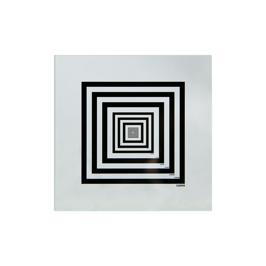 Manufacturing Precision ±1μm Glass Concentric Square Ring Calibration Target (3x3″), SKU CT20040102, three quarter front view