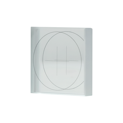 Manufacturing Precision ±2μm Glass Lens Perpendicularity Calibration Target (23x23mm), SKU CT20040104, three quarter front view