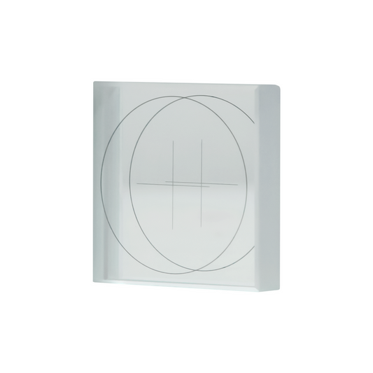 Manufacturing Precision ±2μm Glass Lens Perpendicularity Calibration Target (23x23mm), SKU CT20040104, three quarter front view