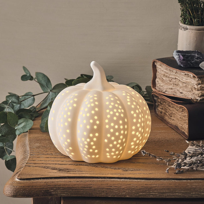 Matte White Porcelain LED Pumpkin Decoration