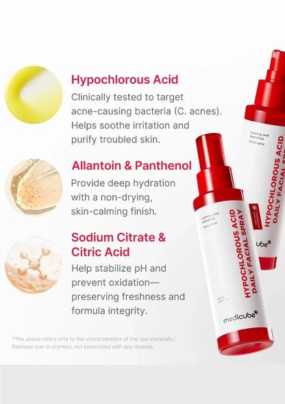 Medicube hypochlorous acid facial spray with product details on a white background