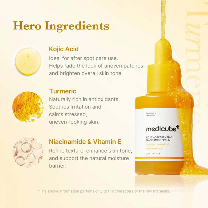 Medicube Kojic Acid Turmeric Niacinamide Serum 30ml featuring key ingredients like Kojic Acid, Turmeric, and Niacinamide.