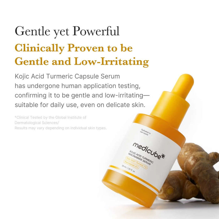 Medicube Kojic Acid Turmeric Niacinamide Serum 30ml in a bottle on a white background.