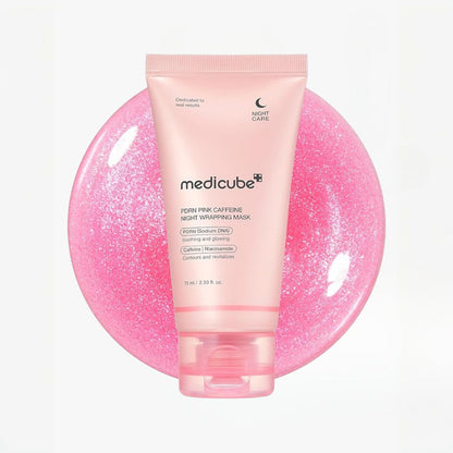 Pink tube of Medicube night care product on a pink bubble background