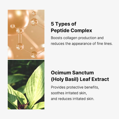 Advertisement for peptide complex with molecular structure and holy basil leaf extract images.