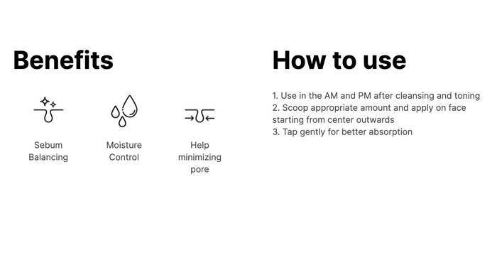 Product information card with benefits and usage instructions on a white background