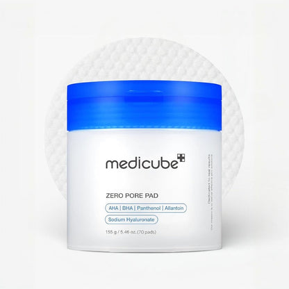 medicube Zero Pore Pad 2.0 packaging showcasing double-sided toner pads for refined pores and smoother skin texture.