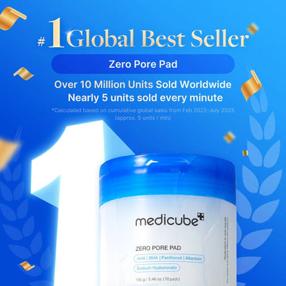 medicube Zero Pore Pad 2.0 packaging highlighting global best seller status, with sales statistics.