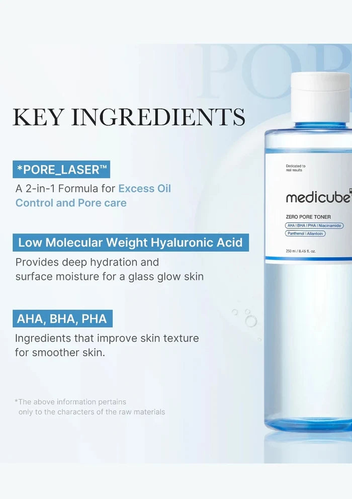 Medicube skincare product with key ingredients listed on a light blue background