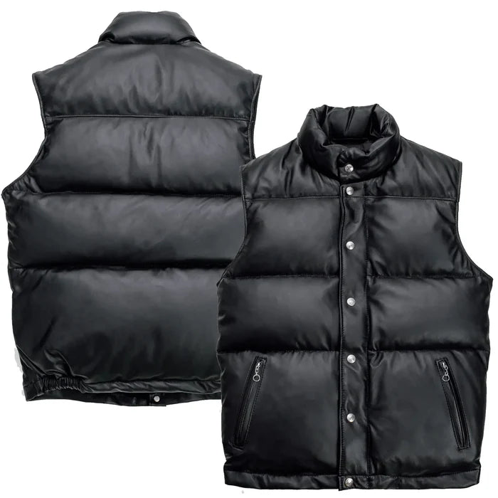 Front and back showcase of the Leveljacket Matte Black leather quilted puffer vest, detailing its wide horizontal thermal baffles, high insulated stand-up collar, front vertical zipper pockets, snap-button closure placket, and elasticated lower back hem.