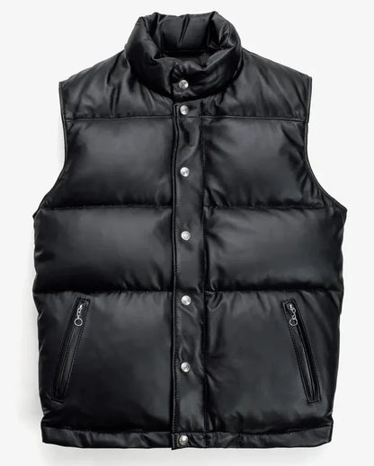 Front showcase of the Leveljacket Matte Black leather quilted puffer vest, detailing its wide horizontal thermal baffles, high insulated stand-up collar, front vertical zipper pockets, snap-button closure placket, and elasticated lower back hem.