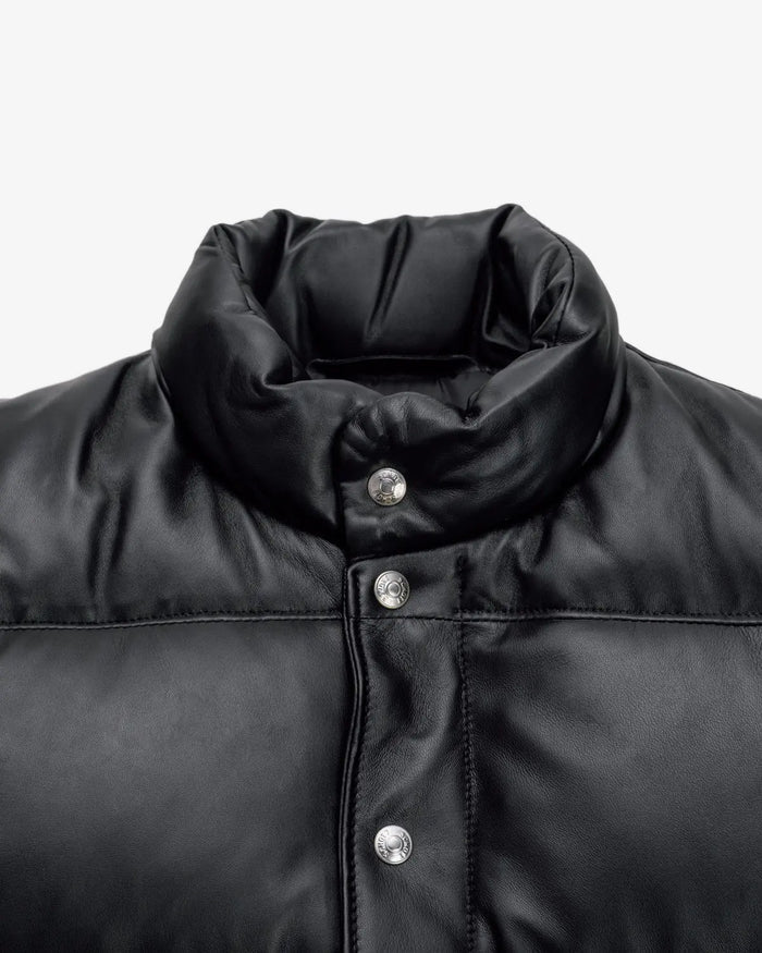 Men's Matte Black Leather Puffer Vest - Premium Quilted Insulated Winter Gilet