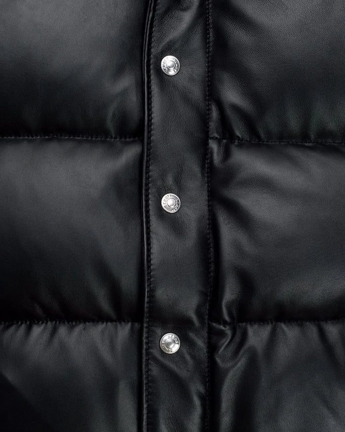 Front Zoom showcase of the Leveljacket Matte Black leather quilted puffer vest, detailing its wide horizontal thermal baffles, high insulated stand-up collar, front vertical zipper pockets, snap-button closure placket, and elasticated lower back hem.
