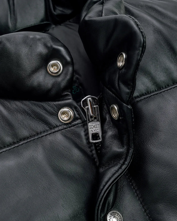 Collar zoom showcase of the Leveljacket Matte Black leather quilted puffer vest, detailing its wide horizontal thermal baffles, high insulated stand-up collar, front vertical zipper pockets, snap-button closure placket, and elasticated lower back hem.