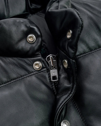 Collar zoom showcase of the Leveljacket Matte Black leather quilted puffer vest, detailing its wide horizontal thermal baffles, high insulated stand-up collar, front vertical zipper pockets, snap-button closure placket, and elasticated lower back hem.