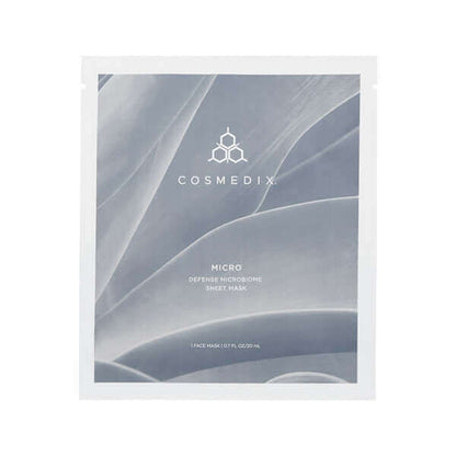 CosMedix Micro Defense Microbiome Sheet Mask sachet with blue gray abstract artwork