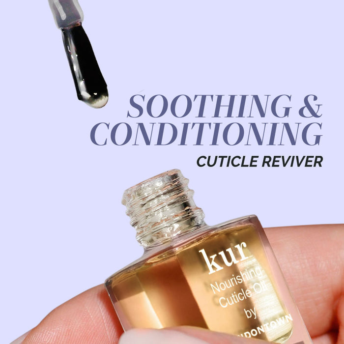 A hand holds the LONDONTOWN Jet Set Travel Nail Kit with a dropper above it—perfect for on-the-go manis. Text reads “SOOTHING & CONDITIONING CUTICLE REVIVER.”.