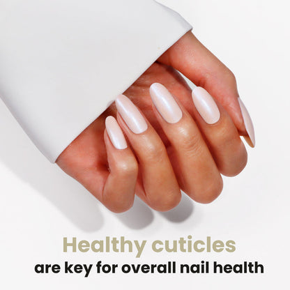 A hand with manicured nails and healthy cuticles is shown. Text reads: "Healthy cuticles matter—add LONDONTOWN Mini Nourishing Cuticle Oil to your travel essentials for better nail health.
