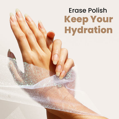 Two hands with long, natural nails are wrapped loosely in translucent fabric. Text reads: “Erase Polish. Keep Your Hydration.” Experience the care of LONDONTOWN’s Mini Strengthening Lacquer Remover—a gentle nail polish remover perfect for maintaining healthy, beautiful nails.